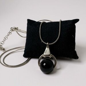 Modernist Silver Tone Snake Chain Necklace Black Orb Pendant Minimalist
